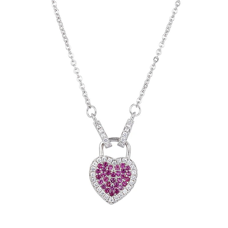 

100% 925 sterling silver romantic love heart key pink crystal ladies`pendant necklaces jewelry female short chain birthday gift