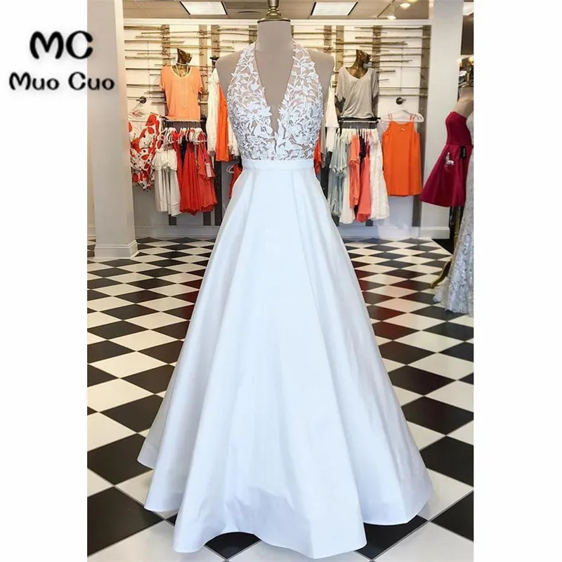 White satin lace top V neck backless long A-line customize sweet 16 prom dresses