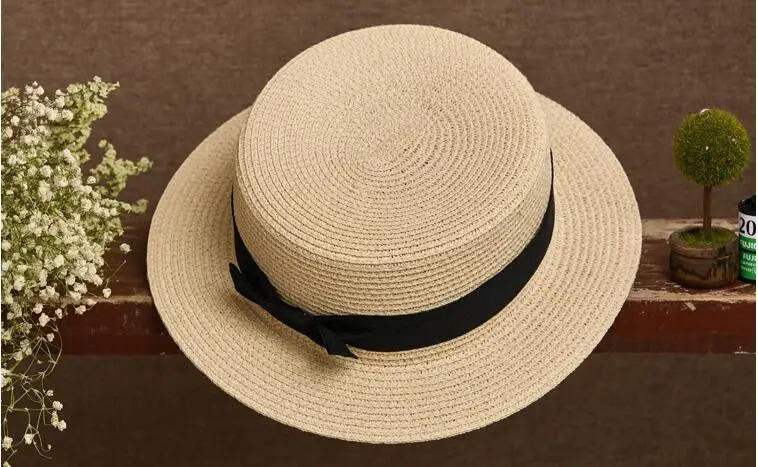 Оптовые солнечные плоские соломенные шляпы шляпы шляпы шляпы девушки лук летние шляпы для женщин пляж плоские панама соломенная шляпа с подарок - Цвет: beige