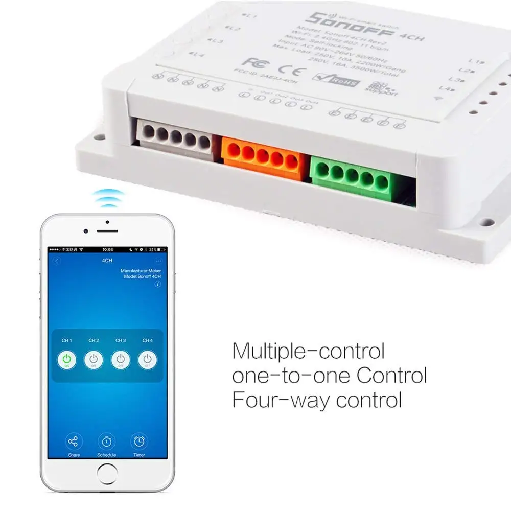 

Light control 4 Channels Wifi Remote Control Switch Smart Automation Module timing for Home Appliances 10A(4CH R2)