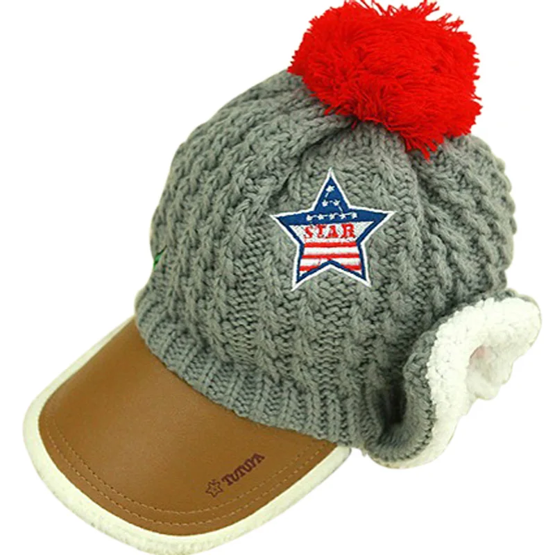 Детская шапка, зимняя вязаная шапка с помпоном для мальчиков и девочек от 2 до 8 лет, Детская шерстяная бейсболка с меховыми ушками