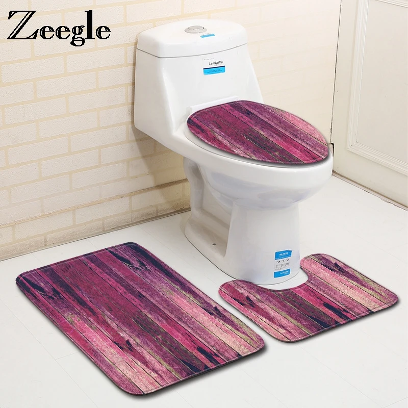 

Zeegle Wood Printed 3pcs Bath Mats Set Non-Slip Bathroom Carpet Doormat Decor Toilet Seat Cover Rug Bathroom Mats Set Shower Rug