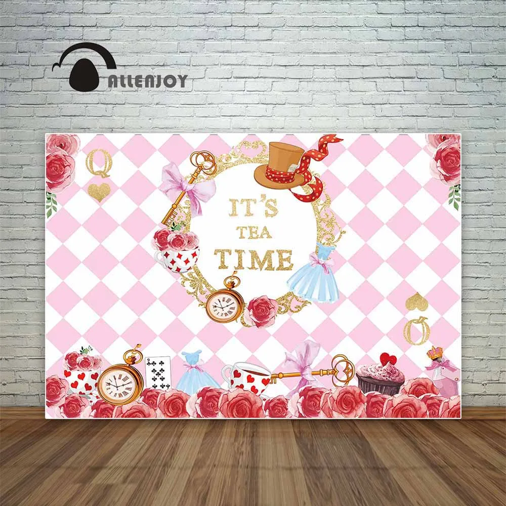 

Allenjoy photocall photo backdrops alice in wonderland tea party pink lattice Children photographic background photography