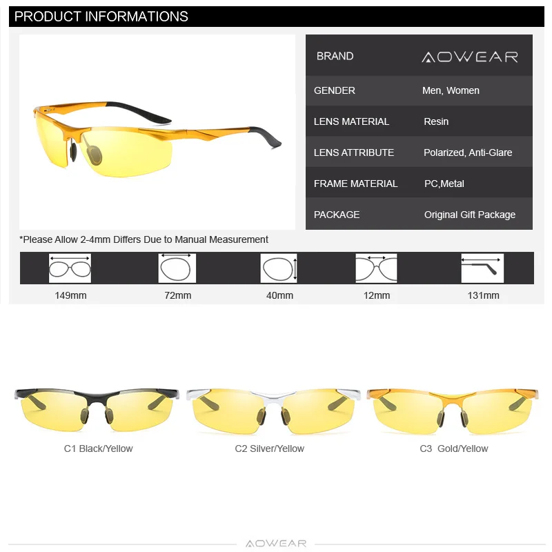 Очки AOWEAR HD для ночного вождения Мужские поляризационные солнцезащитные очки