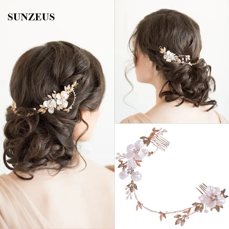 

New Hot Bridal Accessory With Double Combs Pearls Flowers Headband Wedding Gold Chain For Hair SQ311