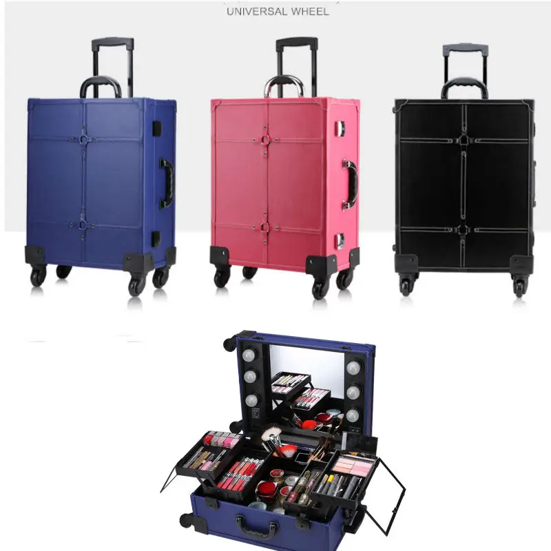 

Trolley Makeup Box with Lights Professional Beauty Case Station without legs 6 led Bulbs three colors