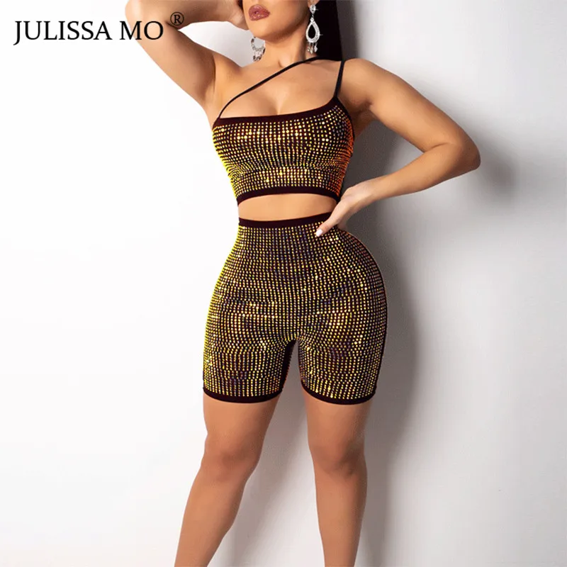 

JULISSA MO Crystal Sparkly Sexy Jumpsuit for Women Strapless Hollow Out Playsuit 2019 New Fashion Nightclub One-piece Bodysuit