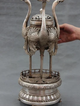 

22 Royal White Copper Bronze Silver Three cranes Ganoderma Censer incense burner