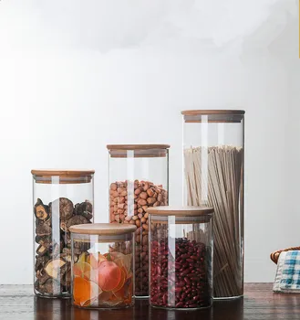 

1PC Glass Food Storage Bottle Bamboo Cover Sealed Grains Nuts Tank Can Kitchen Sorting Food Storage Box Container JM 004
