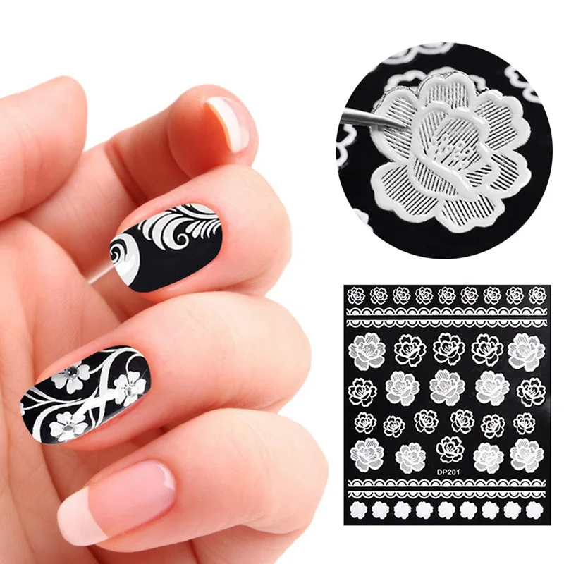 

White Flowers Lace Nail Art Stickers Decorations Strips 3D Nail Stickers Decals Self Adhesive DIY Slider Design Manicure