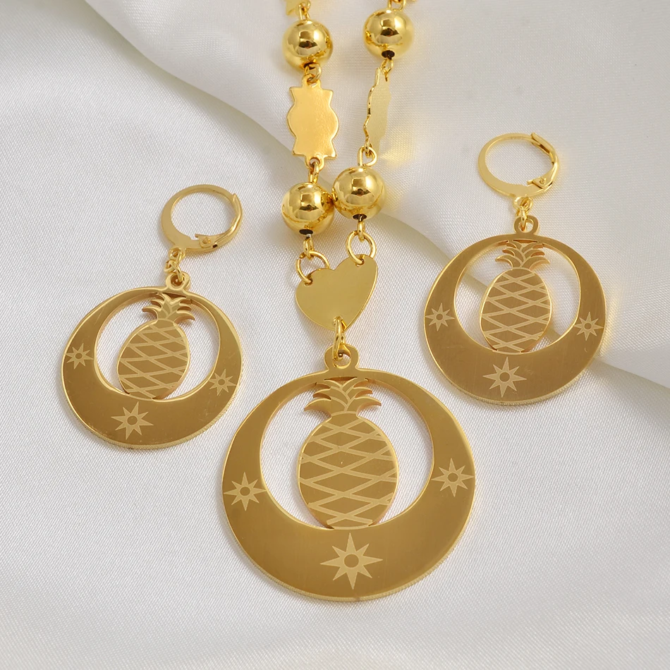 

Anniyo Pineapple Large Size Jewelry set Beads Necklaces Earrings for Women Gold Color Micronesia Guam Hawaii Marshalls #076521