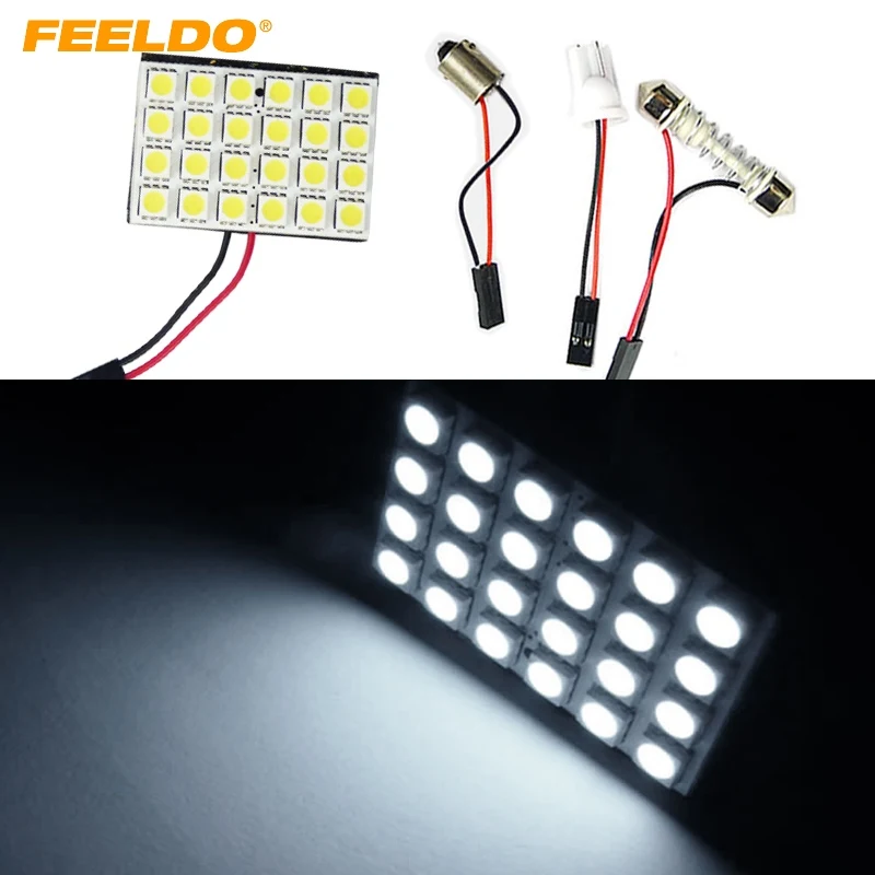 

FEELDO 50Pcs White Car 24SMD 5050 24 LED Panel Dome Light with T10/BA9S/Festoon Adapters Dome Bulbs #FD-1519