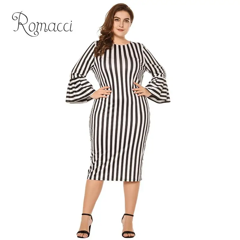 

Romacci Women Plus Size Dress 4XL 5XL Santin Striped Print Flare Sleeve Pencil Dress Ruffle Round Neck Elegant Midi OL Dresses