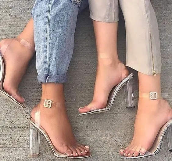 LTTL Kim Kardashian PVC Plexi Transparent Woman Glitter High Heels Ankle Strap Sandles Perspex Clear Heel Sandals