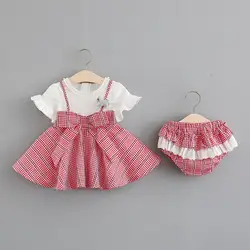 Оптовая и розничная продажа для маленьких девочек летнее платье принцессы комплект одежды с большим бантом костюм в клетку