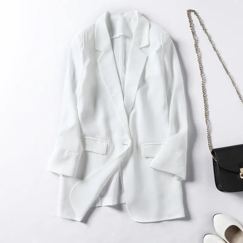 Элегантный женский Блейзер, шифоновый белый пиджак, Женская Повседневная Уличная одежда, офисный женский черный блейзер и пиджак для женщин Q1550 - Цвет: White