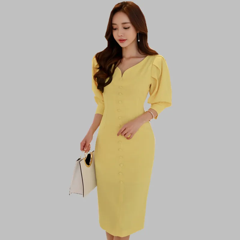 

HAMALIEL Fashion Yellow Single Breasted Bodycon Women Dress Office Lady Summer Pull Sleeve Sheath Pencil Dress V Neck OL Dress
