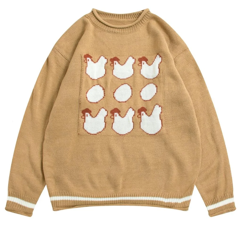 

Funny Hen Laying Eggs Autumn Women Pullover Sweaters O Neck Long Sleeve Loose Knit Jumper Yellow Female Winter Sweater Top 2018