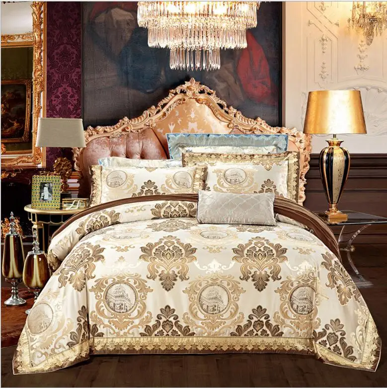 

Embroidered Jacquard Home Textile Bedding set Luxury 4pcs Palace Satin Bedclothes Quilt Cover Bed Sheet Pillowcases Cotton