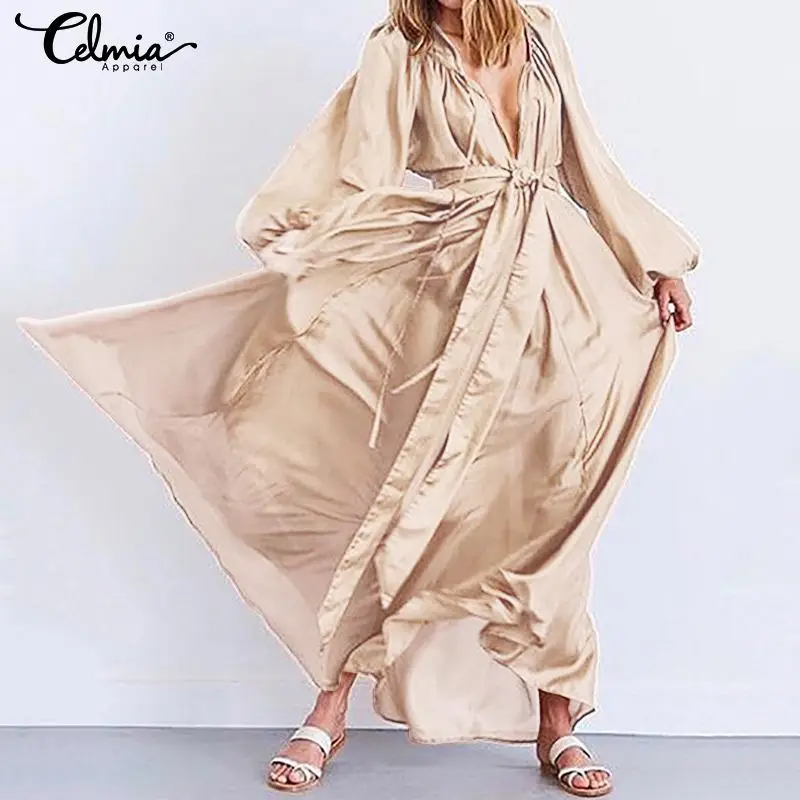 

Celmia Summer Women Solid Dress Loose Vestidos Casual Bohemian O-Neck Long Lantern Sleeve Pleated Elastic Band Maxi Long Dresses
