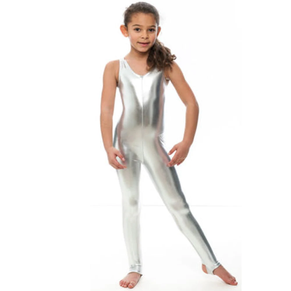 Детский металлический комбинезон на бретелях для гимнастики для девочек, спандекс, без рукавов, танцевальный комбинезон, комбинезон с завязками, блестящий боди