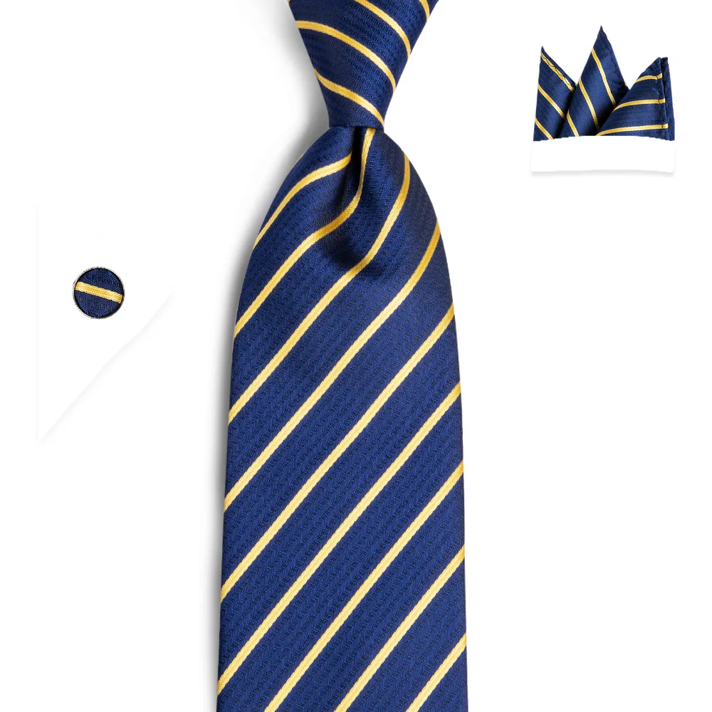 DiBanGu синий желтый полосатый мужской большой размер галстуки с носовой платок запонки 160 см шелковые галстуки Набор для мужчин свадебные MJ-7529
