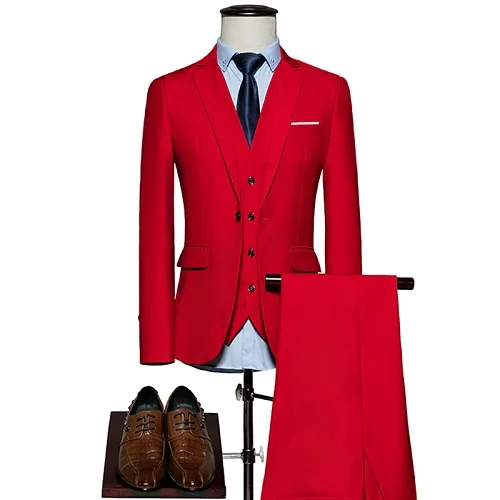 Пиджак+ брюки+ жилет) Модный мужской костюм, мужские блейзеры, приталенные костюмы, мужские вечерние костюмы, синий классический черный цвет - Цвет: 2 Piece bright red