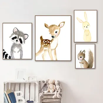 

Nursery Kid Bedroom Decoration Watercolor Deer Squirrel Wall Art Canvas Poster and Print Cartoon Painting Pictures Home Decor