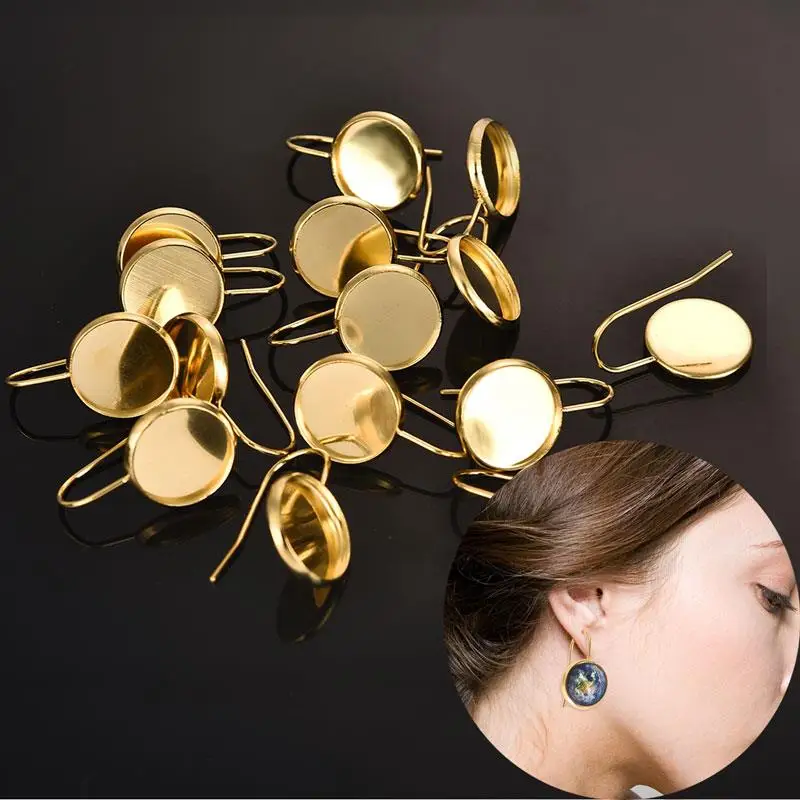 

Earring Blanks Gold Silver 12mm Round Cabochon Base Bezel Tray Cameo Earrings Hooks Stainless Steel Setting DIY Jewelry Findings