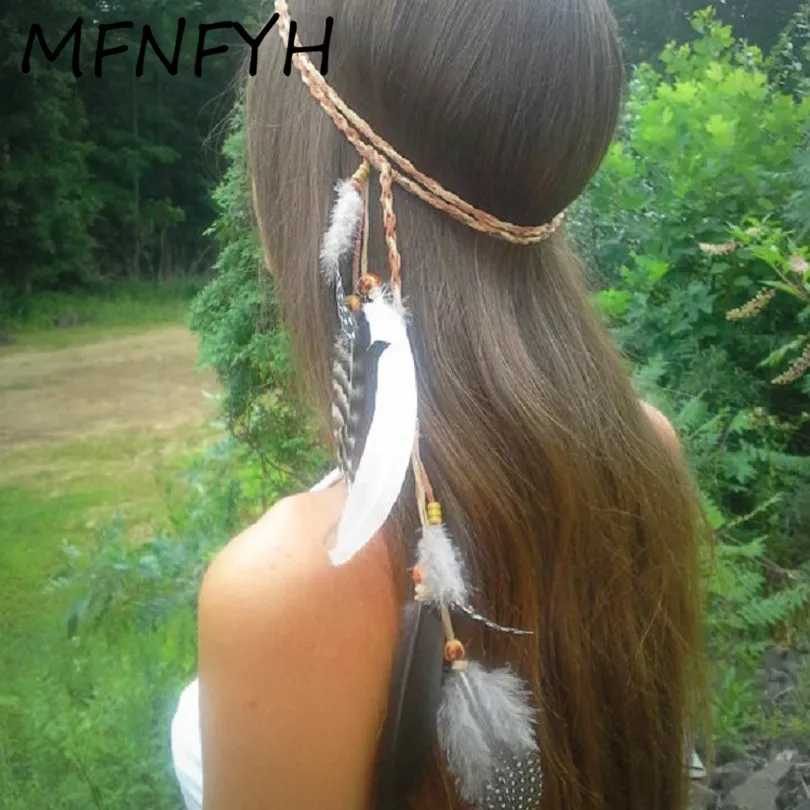 MFNFYH Indian Boho Feather Headbands for Women Long Tassel Beads