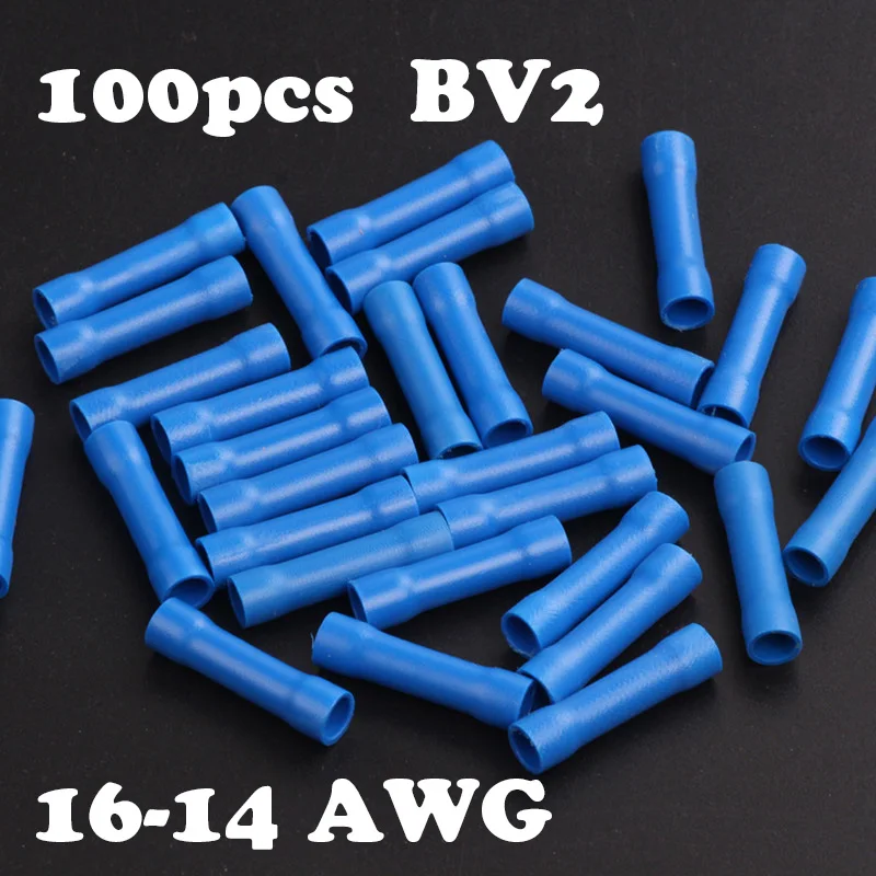 100 шт. BV2 Терминатор 16-14 AWG кабель провод с синяя утепленная прямой провод Батт Разъем электрическая обжимного типа 16-14aw