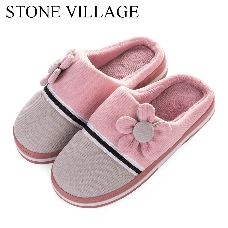 

STONE VILLAGE High Quality Striped Flower Winter Warm Cotton Plush Slippers Men Flat Home Slippers Indoor Women Slipper Shoes
