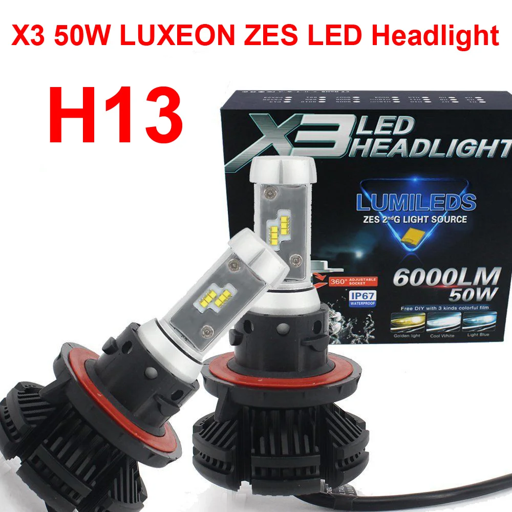 

1 Set H13 9008 X3 LED Headlight 50W 6000LM Fanless All-in-one LUMILED G2 ZES Chip Retrofit 3K 6.5K 8K Color Film H/L Lamps Bulbs