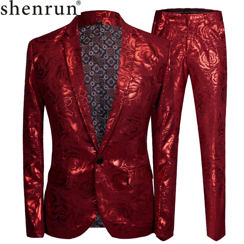 

Shenrun Men Slim Fit Suit Red Rose Skinny Wedding Groom Suits Stage Costume Singer Jacket Single Breasted Casual Blazer