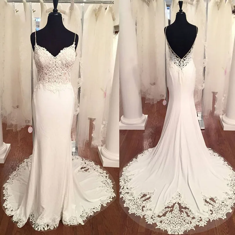 

Sexy Bare Back Wedding Dress with Spaghetti Straps Lace Backless Bridal Gown Vestido De Noiva High Quality