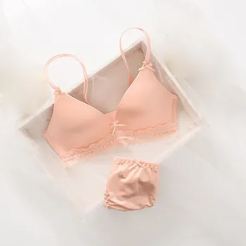 

New Cotton Spandex Hot Bra Brief Sets Young Girl Underwear Brassiere Lingerie Bow Lace Teenage Training Bra Set Underwear Set