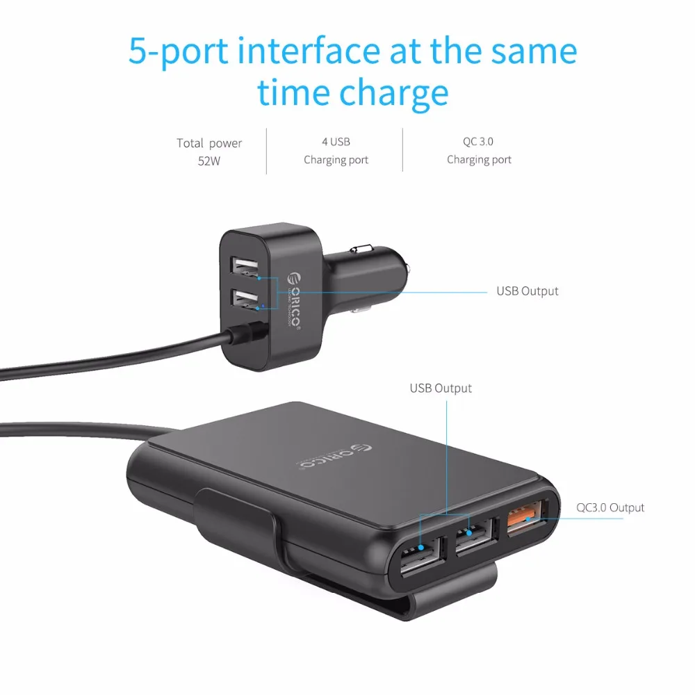 ORICO 5 منافذ QC3.0 USB شاحن سيارة USB محول سريع 52 W ل MPV سيارة الهواتف المحمولة اللوحي 12 V/ 24 V المتاحة أسود