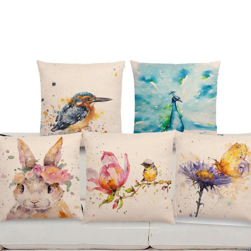 

18'' Square Watercolor Animals Sofa Throw Pillow Case Robin Flamingos Kookaburras Lion Butterfly Ladybug Lane Wren Cushion Cover