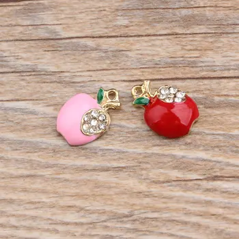

Free Shipping 40PCs 12*17MM Rhinestone Paved Enamel Apple Pendants Gold Tone Plated Oil Drop Bracelet Necklace Floating Pendants
