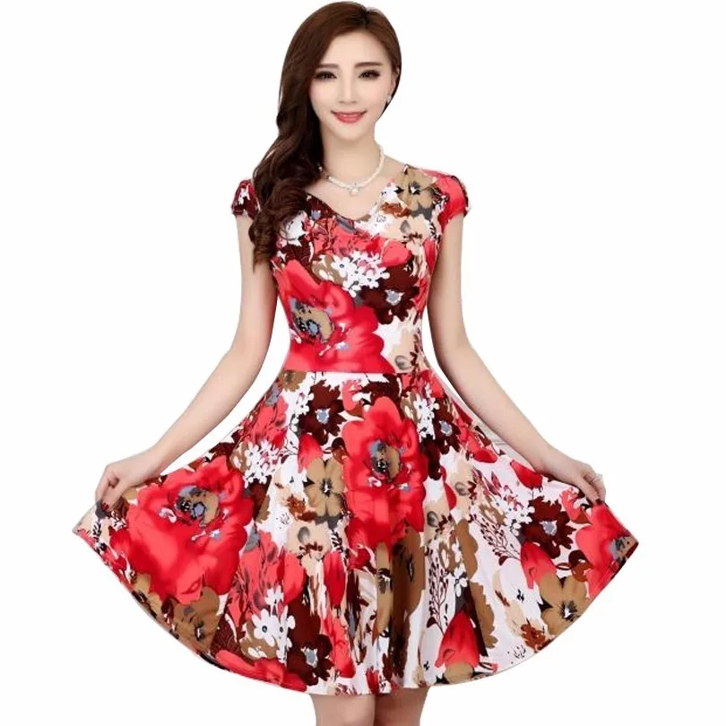 2019 Fashion Women Floral Print Short Sleeve V Neck Slim Casual Sundress Plus Size Beach Dress Bohemian Style Clothes