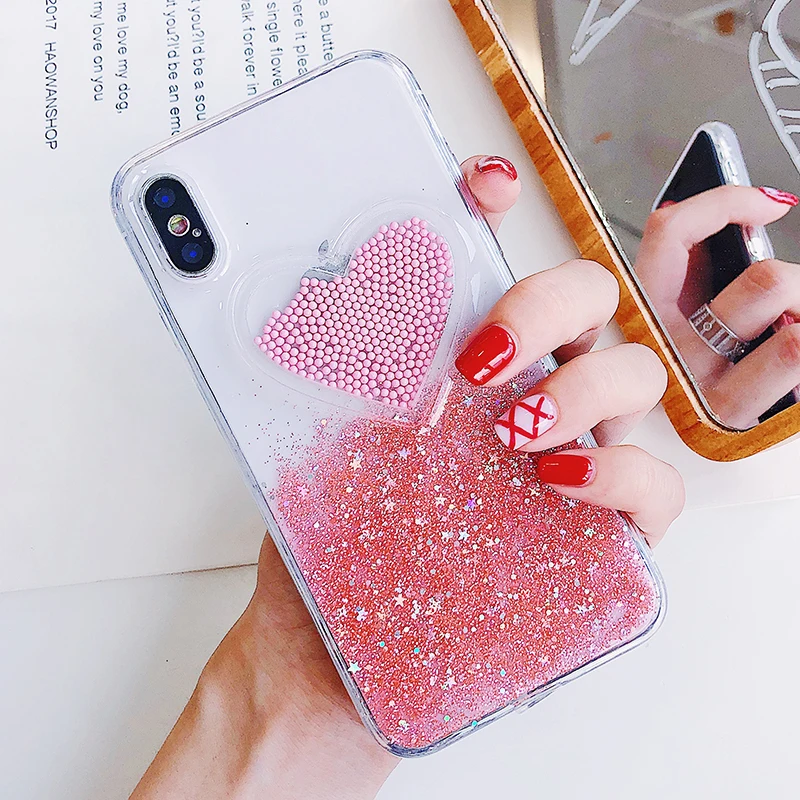 Liquid Glitter Case For iPhone 7 8 6 Plus X Cases Fo iPhone 6S Case Lovely Heart Quicksand Dynamic Clear Cover For iphone 8 Case (4)