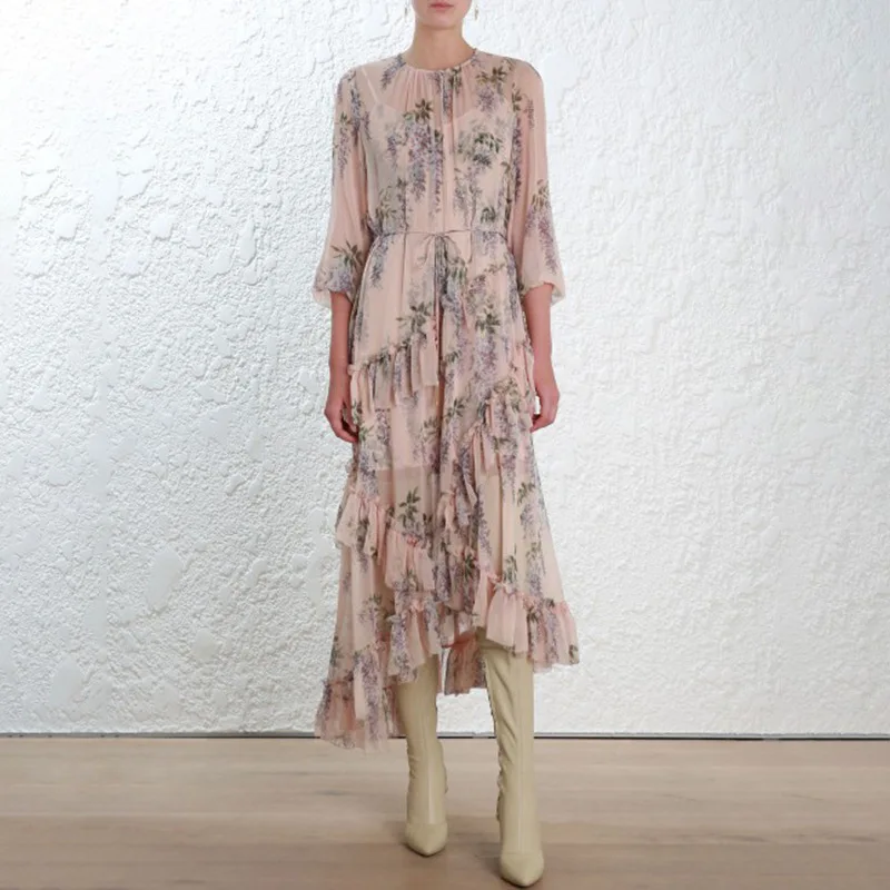 

ZIM Style Runway Dress Women Floral Print Ruffles Irregular Maxi Dress Female Holiday Party Dresses