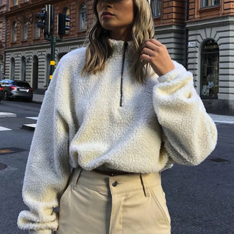 

Bella Philosophy 2018 Winter Pullover Sweatshirts Women Zipper Oversized Hoodies Ladies White Faux Lambswool Top hoodie