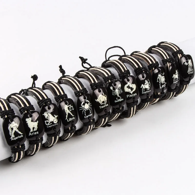 12 Pcs Wholesale Mix Styles Leather resin fashion constellation bracelet Men's Women's Jewelry Party Gifts