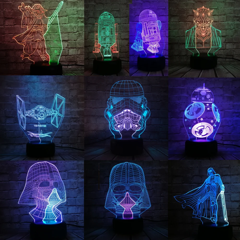 

Star Wars 3D Night Light Mixed Color LED Lamp Black Warrior Darth Vader Stormtrooper Yoda Action Figure BB-8 R2D2 Gradient Toys