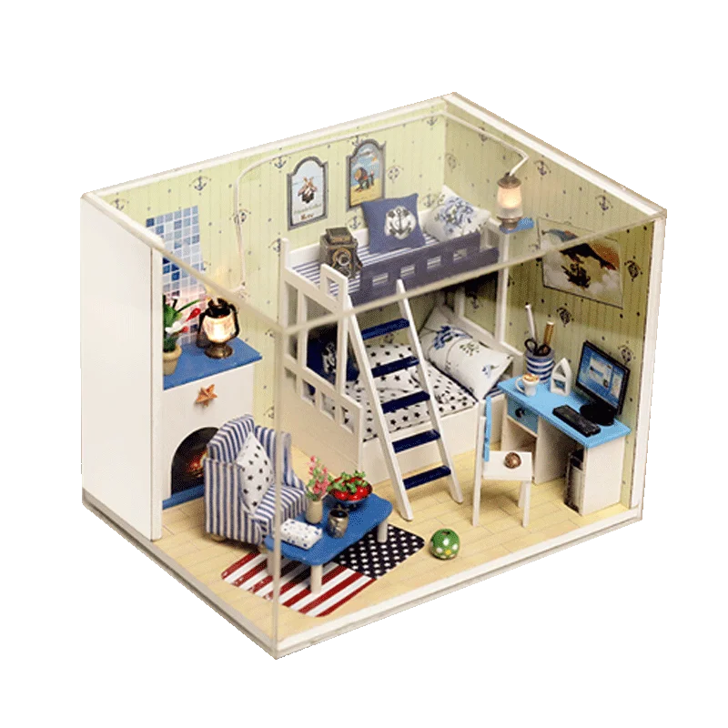 

DIY Doll House Miniatura Model With Furnitures Handmade Birthday Gift 3D Wooden Dollhouse Toys Dark-Blue Dream Q009 #E