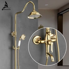 Bath Shower Sets Luxury Gold Brass Shower Faucet Set Single Handle Single Holder Dual Control Bathtub Mixer Hand Shower GY-8336 kemaidi new fashion luxury gold brass bathtub bathroom shower faucet set ceramic handle tub mixer waterfall hand shower