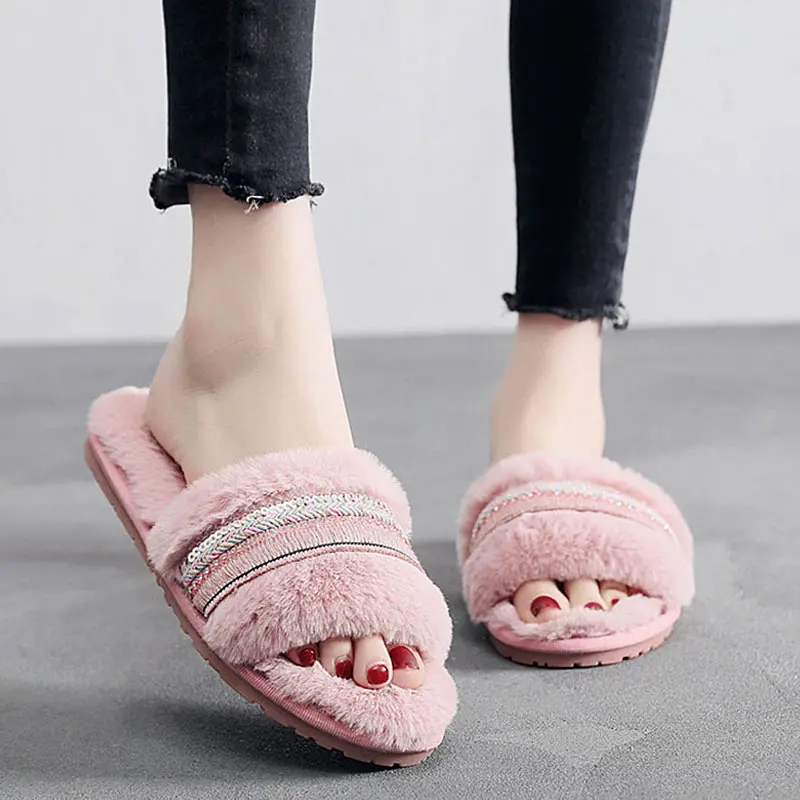 

Women Winter Warm Slippers Faux Fur Bling Flat Home Indoor Slides Female Cute Fuzzy Flip Flops Non-slip Casual Slipper Wholesale