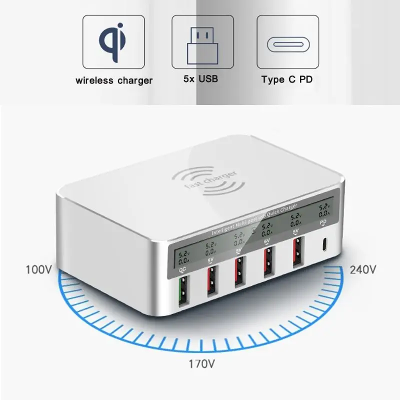  Universal 100W 5x USB QC 30 y Tipo C PD adaptador de cargador rápido Qi estación de carga inalámbri