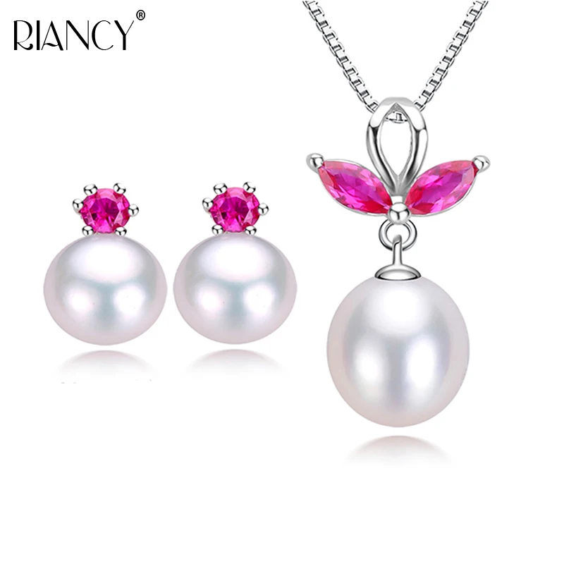 

Fashion Pearl Necklace 925 sterling silver Jewelry sets Natural freshwater Pearl Earrings Pendants sets For Women wedding gift